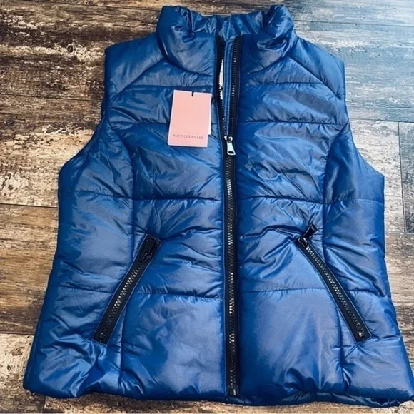 Avec Les Filles Vest Women’s Large Navy Metallic Blue Puffer Quilted Cabinco NWT - Picture 2 of 13